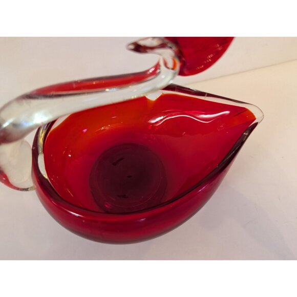 Murano-Style Red & Clear Glass Swan Bowl Sculpture 6" Tall Decorative Collectibl - Picture 3 of 7